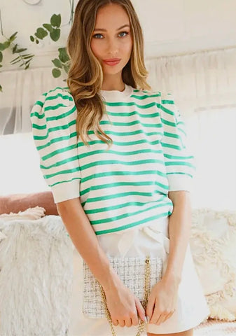 Crew Neck Puff Short Sleeve Stripe Top