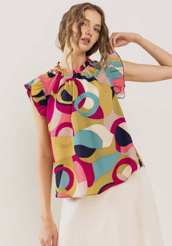 Ces Femme Graphic Print Ruffle Neck Sleeveless Top