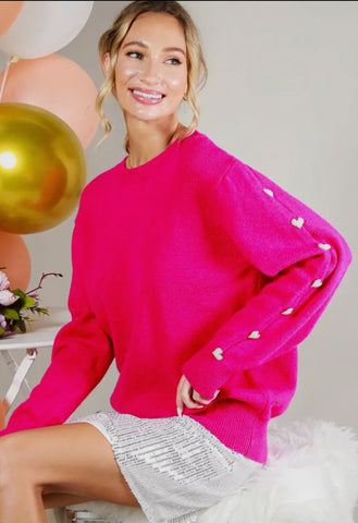 Vine and Love Pink Sweater with Pearl Heart Accents on Slleeves