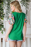 7th Ray Green Blouse With Floral Patterned Sleeves