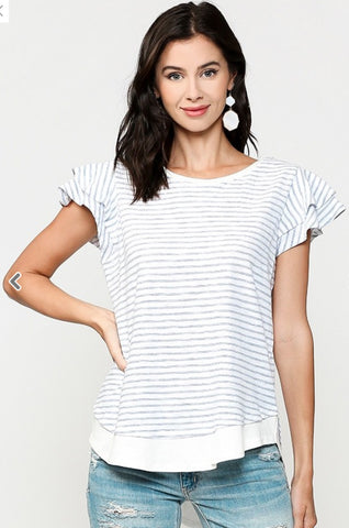 Blu Heaven Pinstriped Tiered Ruffle Sleeve Tunic Top with Rounded Hem