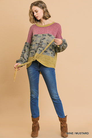 Umgee Heathered Knit and Camo Print Long Puff Sleeve with Waist Tie Top
