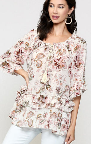 Blu Heaven Ruffle On/Off Shoulder Peasant Top with Tassel Trim