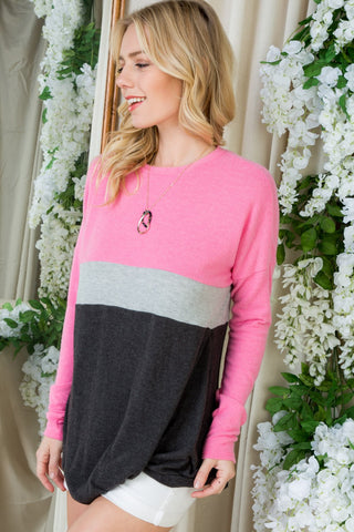 Adora Color Block Crew Neck Twist Front Top