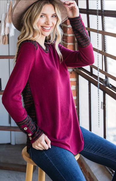 7th Ray Cranberry Cozy Brushed Knit Top with Contrast Striped Back and Sleeves