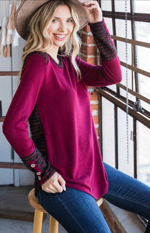 7th Ray Cranberry Cozy Brushed Knit Top with Contrast Striped Back and Sleeves