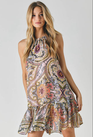 Davi & Dani Halter Neck Boho  Printed Mini Ruffle Dress