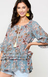 Blu Heaven Ruffle On/Off Shoulder Peasant Top with Tassel Trim
