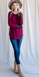 7th Ray Cranberry Cozy Brushed Knit Top with Contrast Striped Back and Sleeves