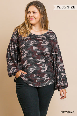 Umgee Grey Camo Waffle Knit Top-PLUS SIZE