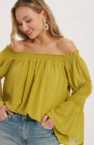 Bluivy Swiss Dot Chiffon Off Shoulder Blouse