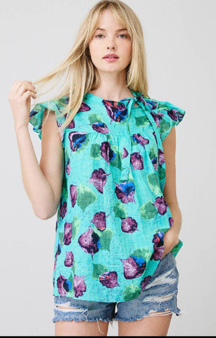 Ces Femme Floral Tie Neck Flutter Cap Sleeve Top