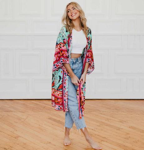 Pretty Simple Belted Boho Floral Kimono